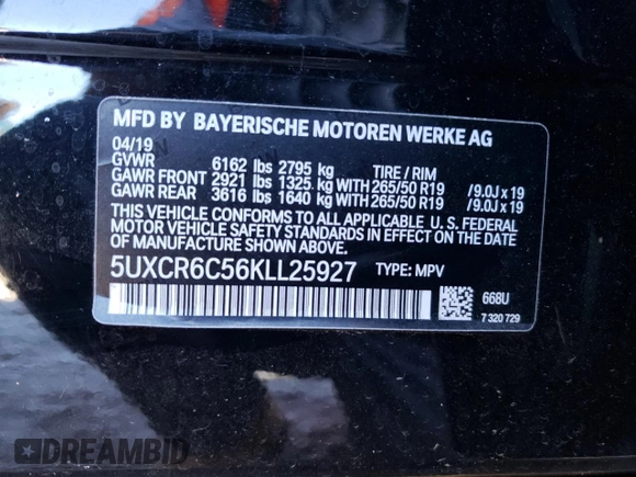 2019 BMW X5 xDrive40i with VIN 5UXCR6C56KLL25927, listed as a Copart auction lot 65216322 with 0 mi miles. Bid and sale history available at carsss.com. Image 10.