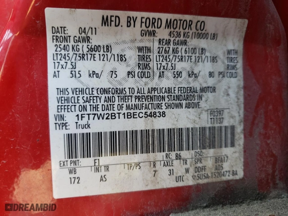 2011 Ford Super Duty F-250 SRW XL with VIN 1FT7W2BT1BEC54838, listed as a Copart auction lot 48861495 with 319,864 mi miles and Clean Title. Bid and sale history available at carsss.com. Image 12.