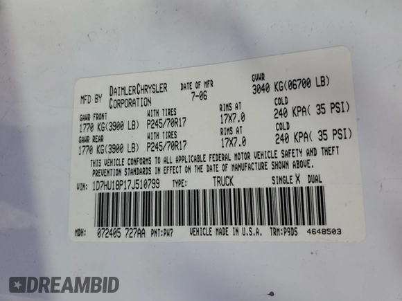 2007 Dodge 1500 ST with VIN 1D7HU18P17J510799, listed as a Copart auction lot 86441554 with 279,519 mi miles and Salvage Title. Bid and sale history available at DreamBid. Image 12.