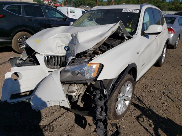 2013 BMW X3 xDrive28i with VIN 5UXWX9C51D0A22839, listed as a Copart auction lot 57217642 with 0 mi miles and Salvage Title. Bid and sale history available at carsss.com. Image 2.