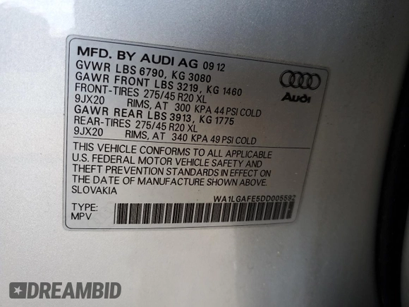 2013 Audi Q7 3.0T Premium Plus with VIN WA1LGAFE5DD005592, listed as a Copart auction lot 51833675 with 102,914 mi miles and Clean Title. Bid and sale history available at carsss.com. Image 12.