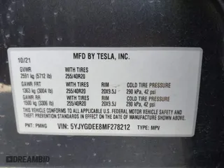 2021 Tesla Model Y Long Range with VIN 5YJYGDEE8MF278212, listed as a IAAI auction lot 41639320 with 53,707 mi miles. Bid and sale history available at carsss.com. Image 9.