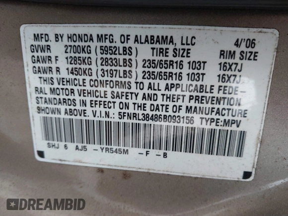 2006 Honda Odyssey EX with VIN 5FNRL38486B093156, listed as a IAAI auction lot 41109483 with 191,785 mi miles. Bid and sale history available at carsss.com. Image 9.