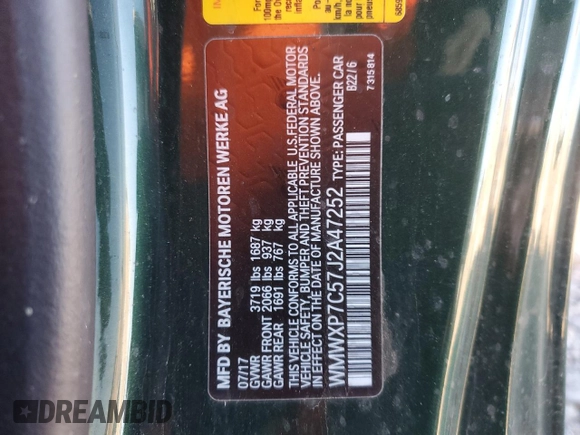 2018 MINI Hardtop Cooper S with VIN WMWXP7C57J2A47252, listed as a Copart auction lot 47598825 with 86,769 mi miles and Salvage title. Bid and sale history available at DreamBid. Image 14.