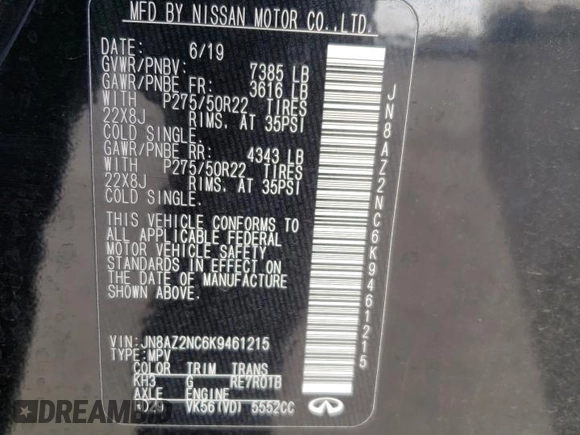 2019 Infiniti QX80 Luxe z VIN JN8AZ2NC6K9461215, wystawiony jako Copart lot #53971835 z przebiegiem 78 905 mil mil oraz Szkoda całkowita • Salvage title. Historia ofert i sprzedaży dostępna na DreamBid. Obrazek 12.