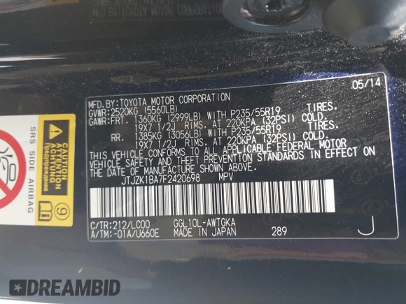 2015 Lexus RX 350 with VIN JTJZK1BA7F2420698, listed as a IAAI auction lot 42356037 with 134,152 mi miles and . Bid and sale history available at DreamBid. Image 9.