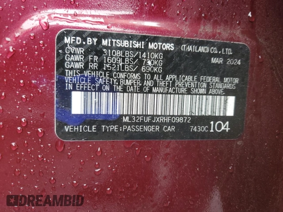 2024 Mitsubishi Mirage ES with VIN ML32FUFJXRHF09872, listed as a Copart auction lot 57054435 with 10,600 mi miles and Salvage title. Bid and sale history available at DreamBid. Image 12.