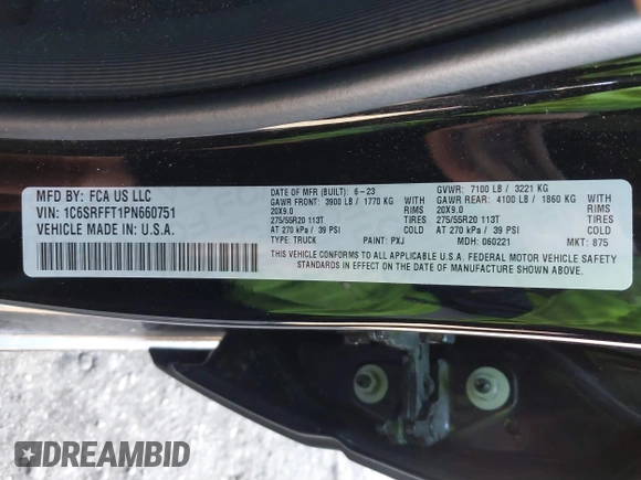 2023 Ram 1500 Big Horn with VIN 1C6SRFFT1PN660751, listed as a IAAI auction lot 41692496 with 30,215 mi miles and . Bid and sale history available at DreamBid. Image 9.