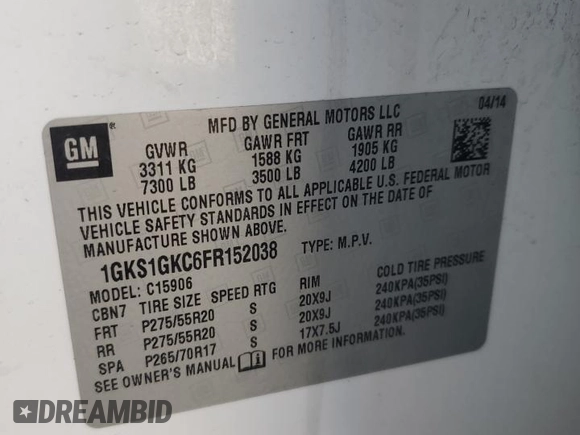 2015 GMC Yukon XL SLE z VIN 1GKS1GKC6FR152038, wystawiony jako Copart lot #54730265 z przebiegiem 142 696 mil mil oraz Szkoda całkowita • Salvage title. Historia ofert i sprzedaży dostępna na DreamBid. Obrazek 12.