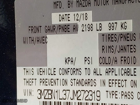2018 Mazda Mazda3 5-Door Touring with VIN 3MZBN1L37JM272319, listed as a IAAI auction lot 41387550 with 21,376 mi miles. Bid and sale history available at carsss.com. Image 9.
