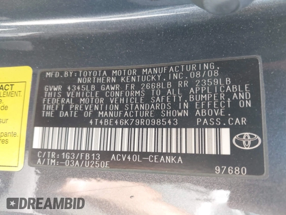 2009 Toyota Camry z VIN 4T4BE46K79R098543, wystawiony jako IAAI lot #42479283 z przebiegiem 140 588 mil mil oraz . Historia ofert i sprzedaży dostępna na DreamBid. Obrazek 9.