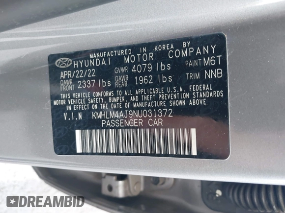 2022 Hyundai Elantra Blue z VIN KMHLM4AJ9NU031372, wystawiony jako IAAI lot #41524681 z przebiegiem 69 060 mil mil oraz . Historia ofert i sprzedaży dostępna na DreamBid. Obrazek 9.