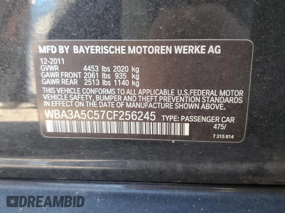 2012 BMW 3 Series 328i with VIN WBA3A5C57CF256245, listed as a Copart auction lot 46413925 with 121,888 mi miles and Salvage title. Bid and sale history available at DreamBid. Image 12.