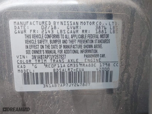 2018 Nissan Sentra SV with VIN 3N1AB7AP7JY267827, listed as a IAAI auction lot 41063028 with NaN miles. Bid and sale history available at carsss.com. Image 9.