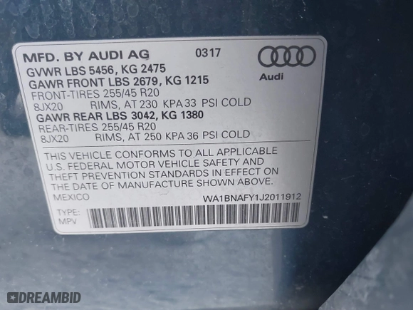 2018 Audi Q5 Premium Plus with VIN WA1BNAFY1J2011912, listed as a IAAI auction lot 41234915 with 86,471 mi miles. Bid and sale history available at carsss.com. Image 9.