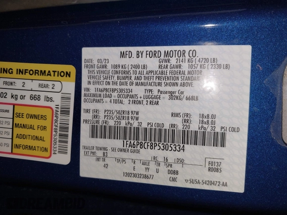 2023 Ford Mustang GT with VIN 1FA6P8CF8P5305334, listed as a IAAI auction lot 41858115 with 23,574 mi miles and . Bid and sale history available at DreamBid. Image 9.