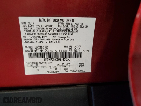 2015 Ford Taurus SEL with VIN 1FAHP2E83FG143653, listed as a Copart auction lot 59280645 with 77,048 mi miles and Salvage title. Bid and sale history available at DreamBid. Image 12.