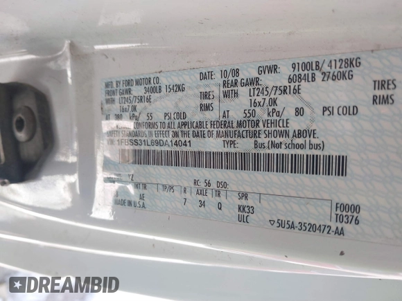 2009 Ford Econoline Passenger XL with VIN 1FBSS31L69DA14041, listed as a IAAI auction lot 41388761 with 43,775 mi miles and . Bid and sale history available at DreamBid. Image 9.