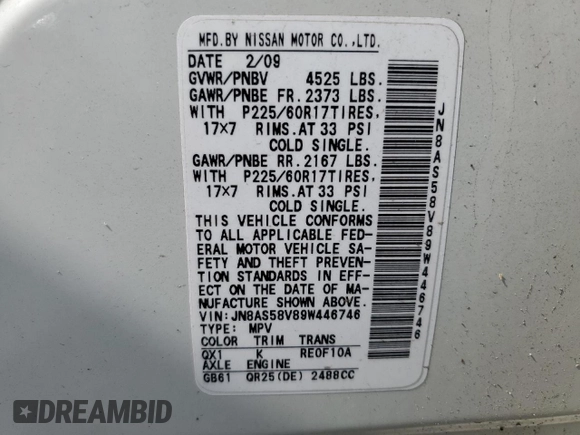 2009 Nissan Rogue S with VIN JN8AS58V89W446746, listed as a Copart auction lot 55469725 with 193,607 mi miles and Salvage Title. Bid and sale history available at carsss.com. Image 13.