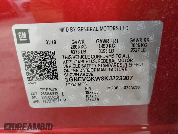 2019 Chevrolet Traverse LT Cloth z VIN 1GNEVGKW8KJ233307, wystawiony jako Copart lot #59176445 z przebiegiem 82 629 mil mil oraz Szkoda całkowita • Salvage title. Historia ofert i sprzedaży dostępna na DreamBid. Obrazek 13.