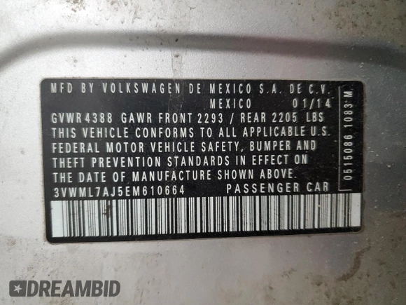 2014 Volkswagen Jetta TDI with VIN 3VWML7AJ5EM610664, listed as a Copart auction lot 60241915 with 126,602 mi miles and Salvage title. Bid and sale history available at DreamBid. Image 13.