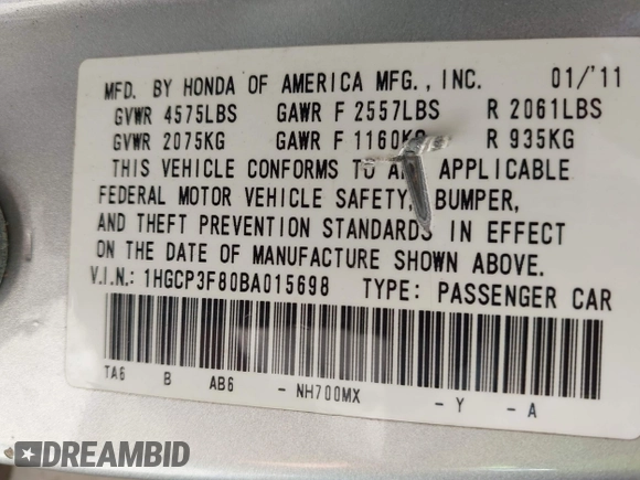 2011 Honda Accord EX-L with VIN 1HGCP3F80BA015698, listed as a IAAI auction lot 42793628 with Not provided miles and . Bid and sale history available at DreamBid. Image 9.
