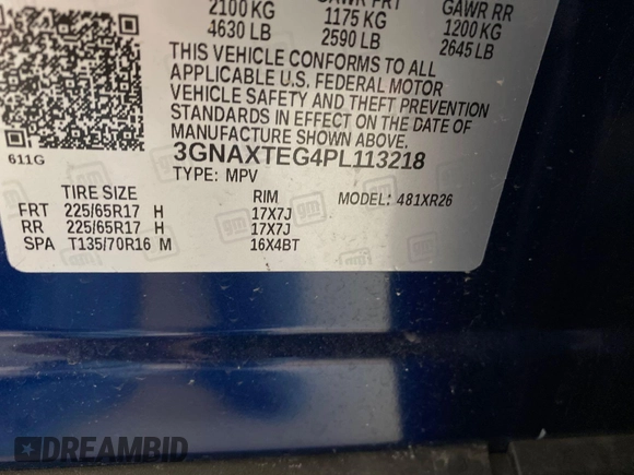 2023 Chevrolet Equinox LT with VIN 3GNAXTEG4PL113218, listed as a IAAI auction lot 42278887 with 12,483 mi miles and . Bid and sale history available at DreamBid. Image 7.