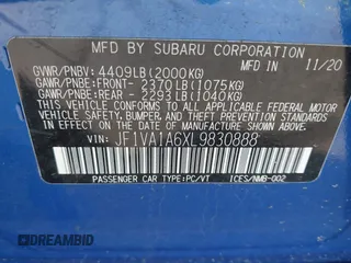2020 Subaru WRX with VIN JF1VA1A6XL9830888, listed as a IAAI auction lot 41684685 with 56,855 mi miles. Bid and sale history available at carsss.com. Image 9.
