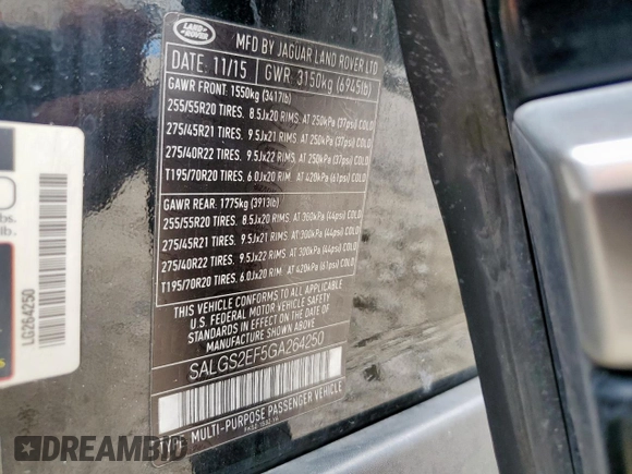 2016 Land Rover Range Rover Supercharged с VIN SALGS2EF5GA264250, выставлен на аукционе Copart как лот 65383705 с пробегом 85 064 миль миль и Списание • Salvage title. История ставок и продаж доступна на DreamBid. Изображение 13.
