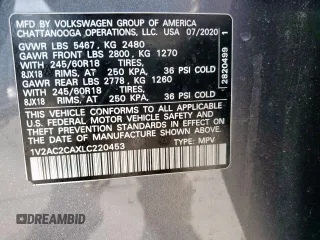 2020 Volkswagen Atlas S with VIN 1V2AC2CAXLC220453, listed as a Copart auction lot 52921805 with 28,237 mi miles and Clean title. Bid and sale history available at DreamBid. Image 14.
