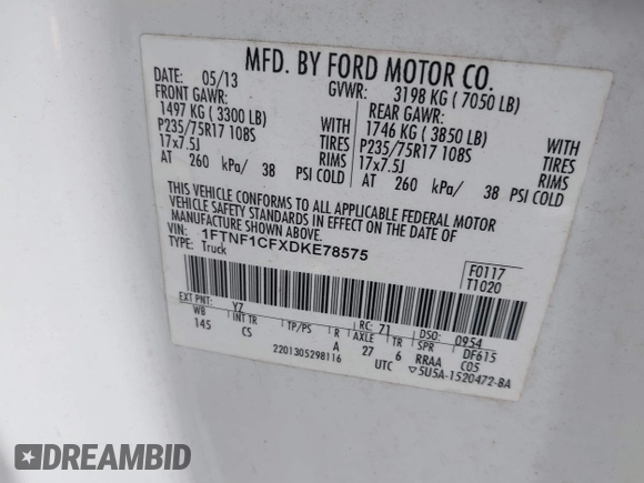 2013 Ford F-150 XL with VIN 1FTNF1CFXDKE78575, listed as a IAAI auction lot 41293852 with 201,332 mi miles. Bid and sale history available at carsss.com. Image 9.