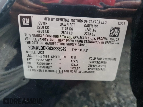 2012 Chevrolet Equinox 1LT z VIN 2GNALDEK9C6228949, wystawiony jako Copart lot #58571985 z przebiegiem 232 398 mil mil oraz Szkoda całkowita • Salvage title. Historia ofert i sprzedaży dostępna na DreamBid. Obrazek 14.