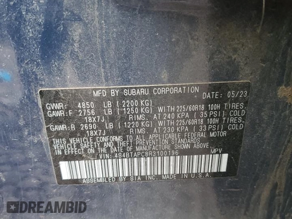 2024 Subaru Outback Touring with VIN 4S4BTAPC8R3100196, listed as a Copart auction lot 48469145 with 30,888 mi miles and Salvage title. Bid and sale history available at DreamBid. Image 12.