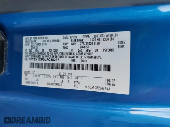 2020 Ford F-150 XL with VIN 1FTEX1CP0LFC38237, listed as a Copart auction lot 42803095 with Not Provided miles and Non Repairable. Bid and sale history available at DreamBid. Image 13.