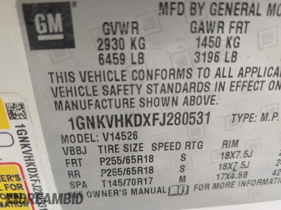 2015 Chevrolet Traverse LT with VIN 1GNKVHKDXFJ280531, listed as a IAAI auction lot 42077958 with 177,856 mi miles and . Bid and sale history available at DreamBid. Image 9.