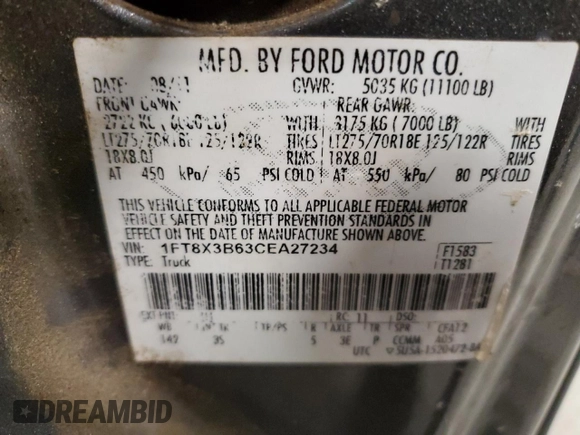 2012 Ford F-350 XL with VIN 1FT8X3B63CEA27234, listed as a Copart auction lot 43520145 with Not provided miles and Salvage title. Bid and sale history available at DreamBid. Image 12.