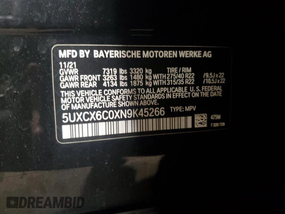 2022 BMW X7 M50i with VIN 5UXCX6C0XN9K45266, listed as a Copart auction lot 45732455 with 29,660 mi miles and Salvage Title. Bid and sale history available at carsss.com. Image 13.