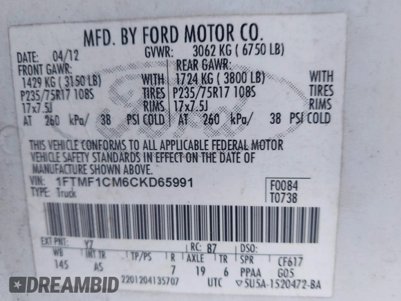 2012 Ford F-150 XL with VIN 1FTMF1CM6CKD65991, listed as a IAAI auction lot 41659767 with 263,099 mi miles. Bid and sale history available at carsss.com. Image 9.