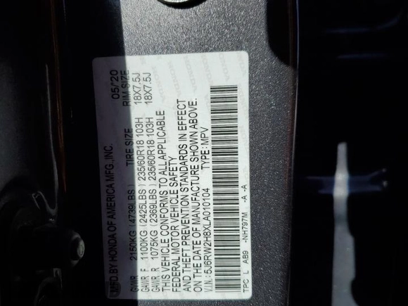 2020 Honda CR-V EX-L with VIN 5J6RW2H8XLA010104, listed as a Copart auction lot 88799915 with 41,133 mi miles and Salvage Title. Bid and sale history available at carsss.com. Image 15.