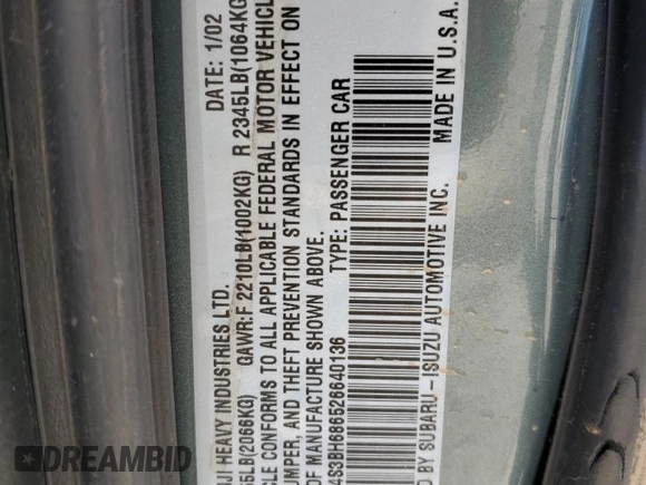 2002 Subaru Legacy Outback Limited with VIN 4S3BH686526640136, listed as a Copart auction lot 58624045 with 253,182 mi miles and Salvage title. Bid and sale history available at DreamBid. Image 13.