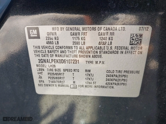 2013 Chevrolet Equinox LT with VIN 2GNALPEK0D6107231, listed as a IAAI auction lot 42016022 with 167,415 mi miles. Bid and sale history available at carsss.com. Image 9.