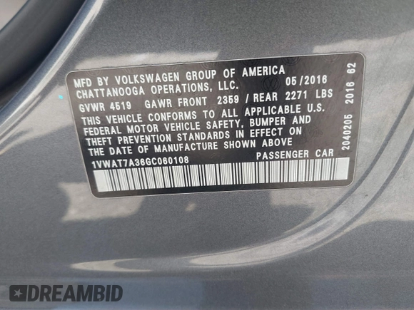 2016 Volkswagen Passat 1.8T S with VIN 1VWAT7A36GC060108, listed as a IAAI auction lot 41985291 with 108,196 mi miles. Bid and sale history available at carsss.com. Image 9.