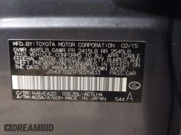 2015 Lexus IS 250 with VIN JTHCF1D21F5025433, listed as a IAAI auction lot 41458654 with 61,028 mi miles and . Bid and sale history available at DreamBid. Image 9.