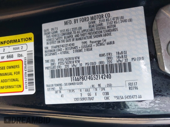 2016 Ford Mustang GT with VIN 1FA6P8CF4G5214240, listed as a IAAI auction lot 42333073 with 91,363 mi miles and . Bid and sale history available at DreamBid. Image 9.