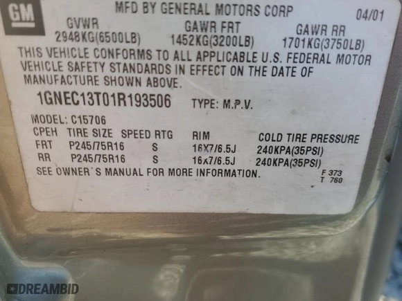 2001 Chevrolet Tahoe LT with VIN 1GNEC13T01R193506, listed as a Copart auction lot 48208405 with 300,598 mi miles and Salvage Title. Bid and sale history available at carsss.com. Image 13.