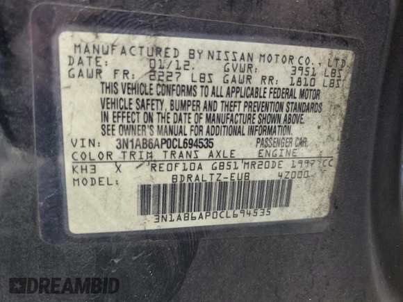 2012 Nissan Sentra S с VIN 3N1AB6AP0CL694535, выставлен на аукционе Copart как лот 59614595 с пробегом 180 335 миль миль и Списание • Salvage title. История ставок и продаж доступна на DreamBid. Изображение 13.