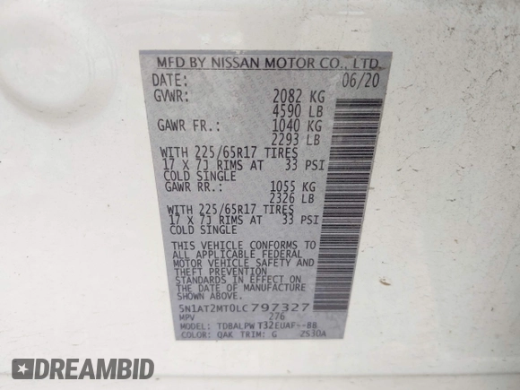 2020 Nissan Rogue S z VIN 5N1AT2MT0LC797327, wystawiony jako IAAI lot #42464199 z przebiegiem 44 470 mil mil oraz . Historia ofert i sprzedaży dostępna na DreamBid. Obrazek 9.