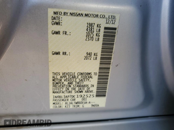 2013 Nissan Altima SV z VIN 1N4BL3AP7DC192525, wystawiony jako Copart lot #57484695 z przebiegiem 251 758 mil mil oraz Szkoda całkowita • Salvage title. Historia ofert i sprzedaży dostępna na DreamBid. Obrazek 12.