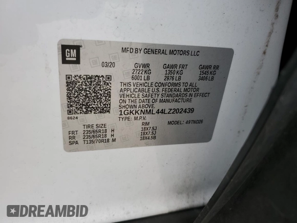 2020 GMC Acadia SLT with VIN 1GKKNML44LZ202439, listed as a Copart auction lot 71468084 with 100,574 mi miles and Salvage Title. Bid and sale history available at DreamBid. Image 14.