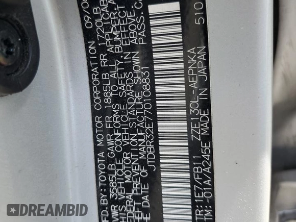 2007 Toyota Corolla CE with VIN JTDBR32E770108831, listed as a Copart auction lot 61961465 with 154,342 mi miles and Salvage title. Bid and sale history available at DreamBid. Image 12.